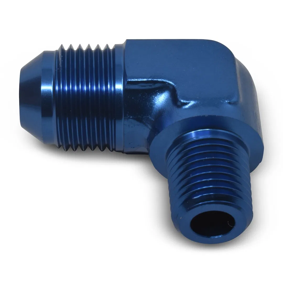 660840 – RUSSELL/EDEL Adapter Fitting, 90 Degree -6 AN To 3/8 Inch NPT Anodized Blue Aluminum Single